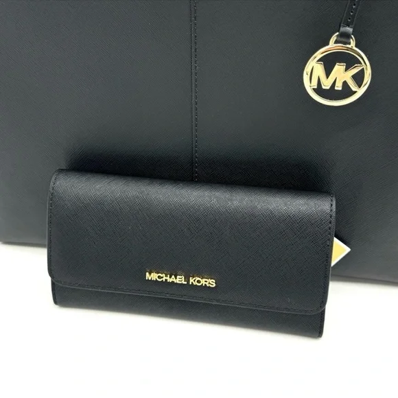Michael Kors Medium Jet Set Travel Zip Tote Bag & Trifold Wallet Black/Gold